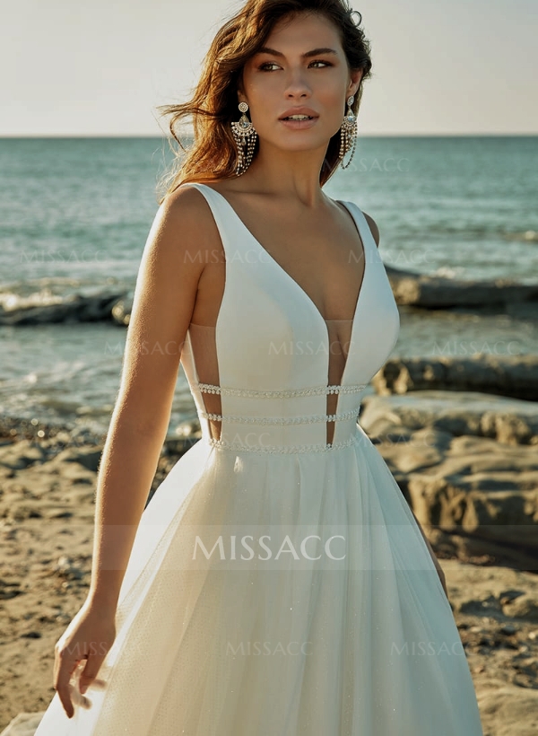 Beach Ball-Gown Open Back Wedding Dresses With Beading V-neck