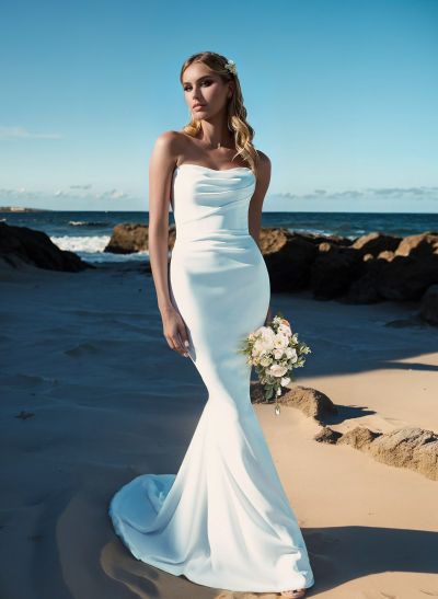 Beach Strapless Mermaid Wedding Dresses With Elastic Satin Sweep Train