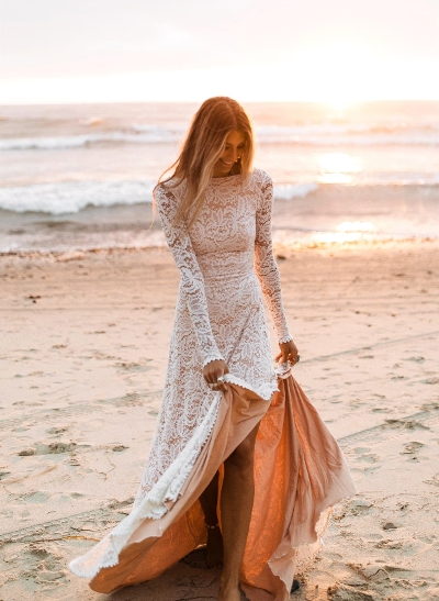 Long Sleeves Lace Open Back Wedding Dresses With Court Train