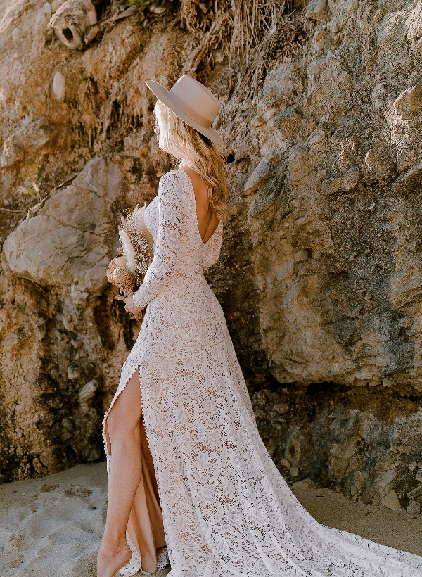 Long Sleeves Lace Open Back Wedding Dresses With Court Train