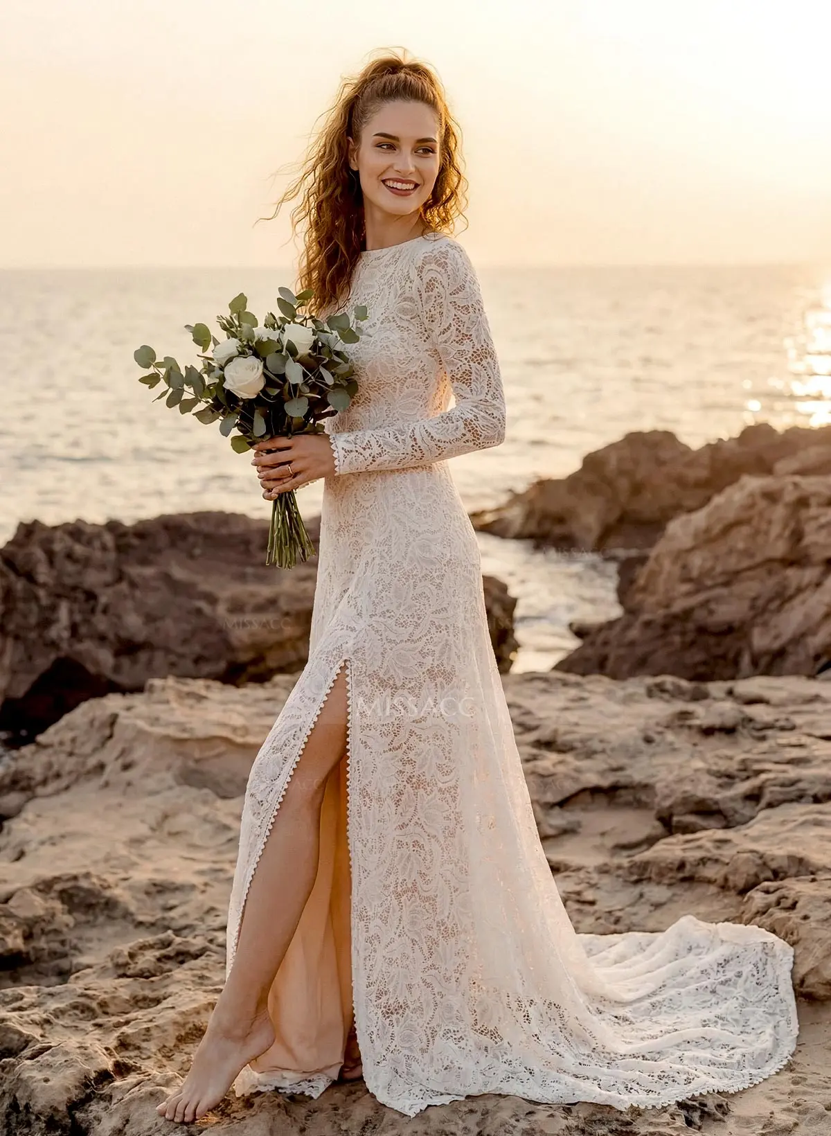 chinese dress ladies Off Shoulder Ivory Lace High Slit Backless Chiffon Wedding Dress AWD16 –  SheerGirl
