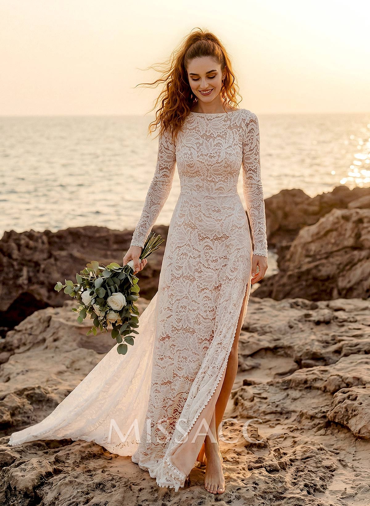 Long Sleeves Lace Open Back Wedding Dresses With Court Train