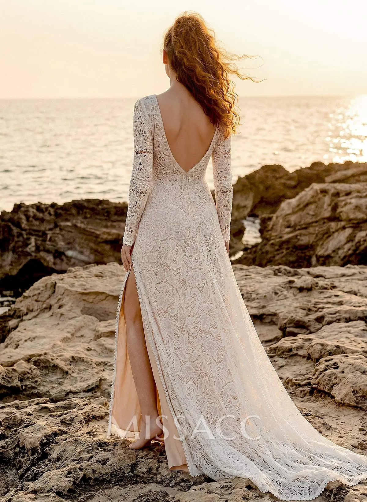 Long Sleeves Lace Open Back Wedding Dresses With Court Train - Missacc