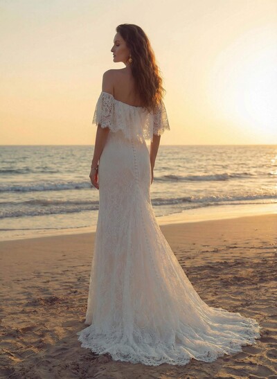 Western Boho Lace Wedding Dresses With Off-The-Shoulder Sweep Train