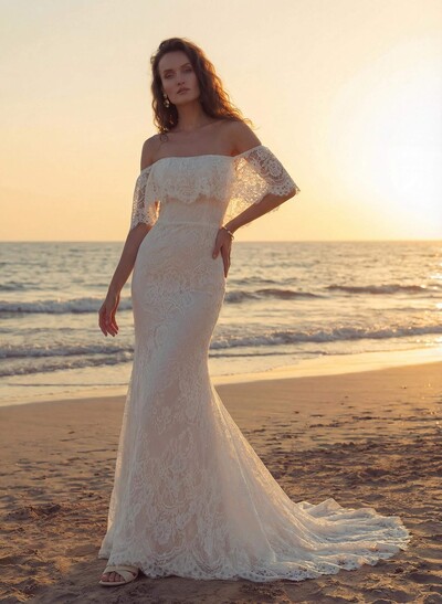 Western Boho Lace Wedding Dresses With Off-The-Shoulder Sweep Train