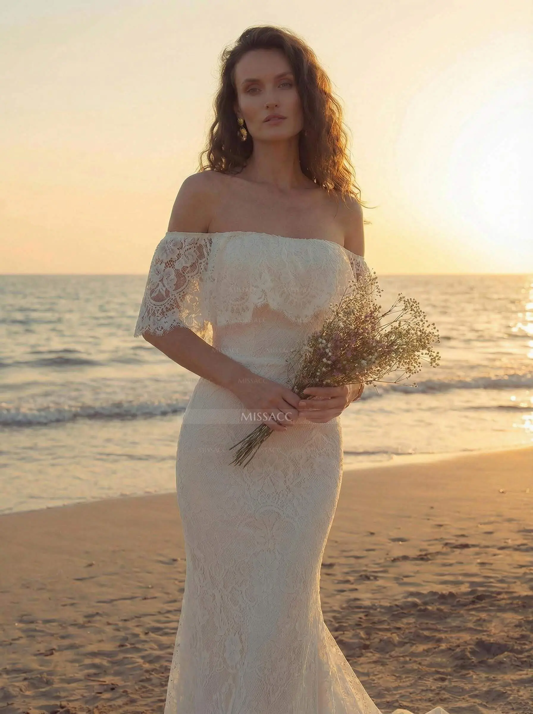 Western Boho Lace Wedding Dresses With Off-The-Shoulder Sweep Train -  Missacc Canada