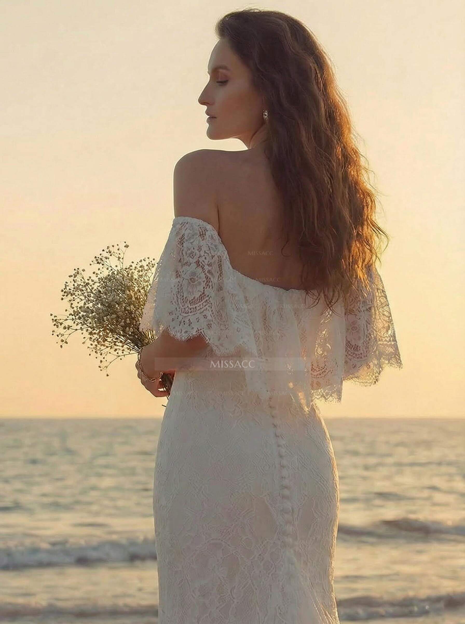 Western Boho Lace Wedding Dresses With Off-The-Shoulder Sweep Train