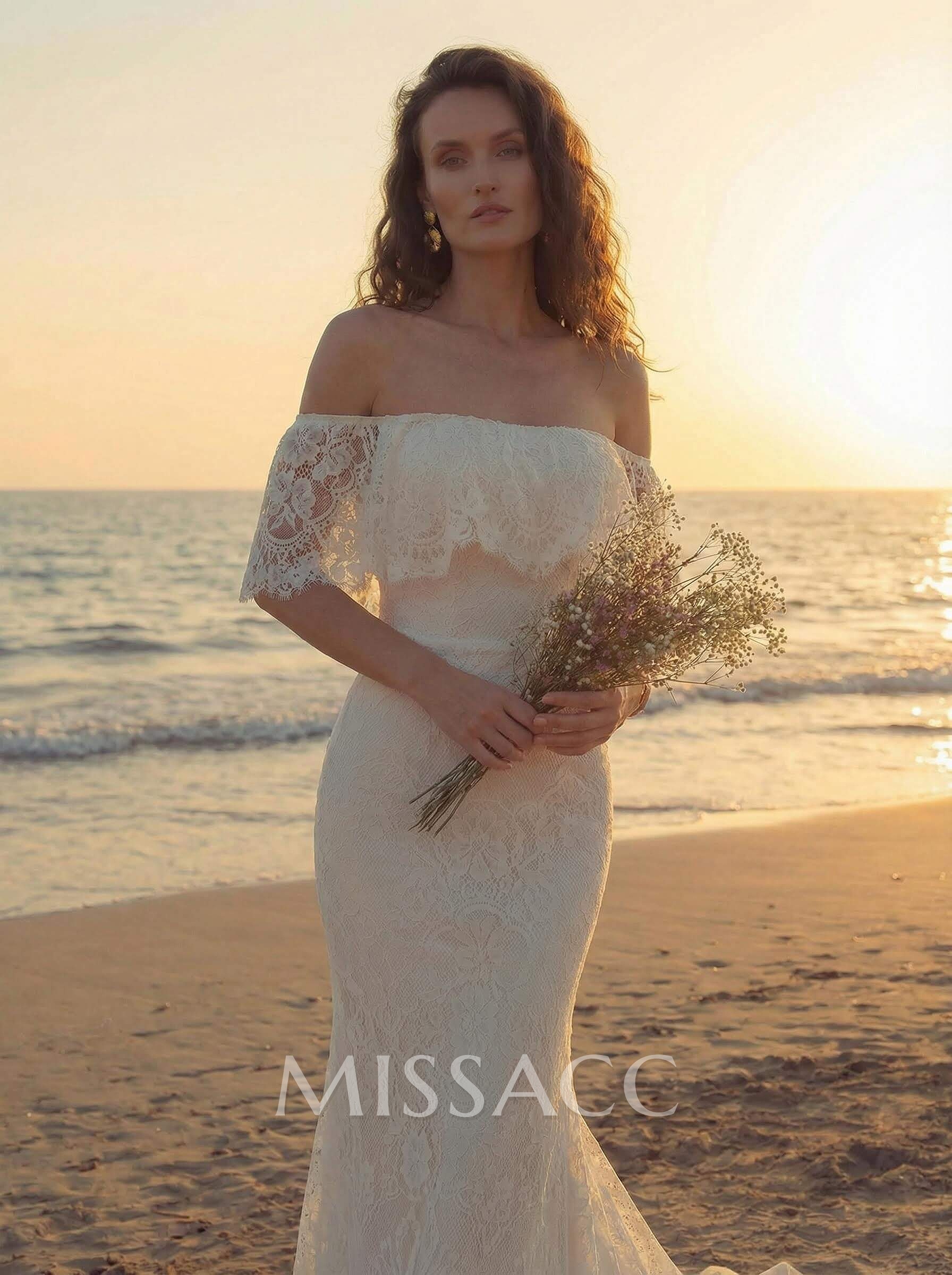 Western Boho Lace Wedding Dresses With Off-The-Shoulder Sweep Train Western Boho Lace Wedding Dresses With Off-The-Shoulder Sweep Train