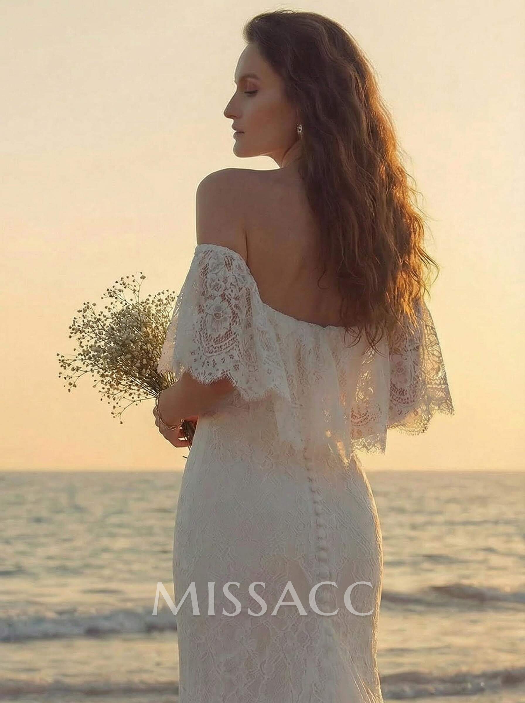 Western Boho Lace Wedding Dresses With Off-The-Shoulder Sweep Train Western Boho Lace Wedding Dresses With Off-The-Shoulder Sweep Train