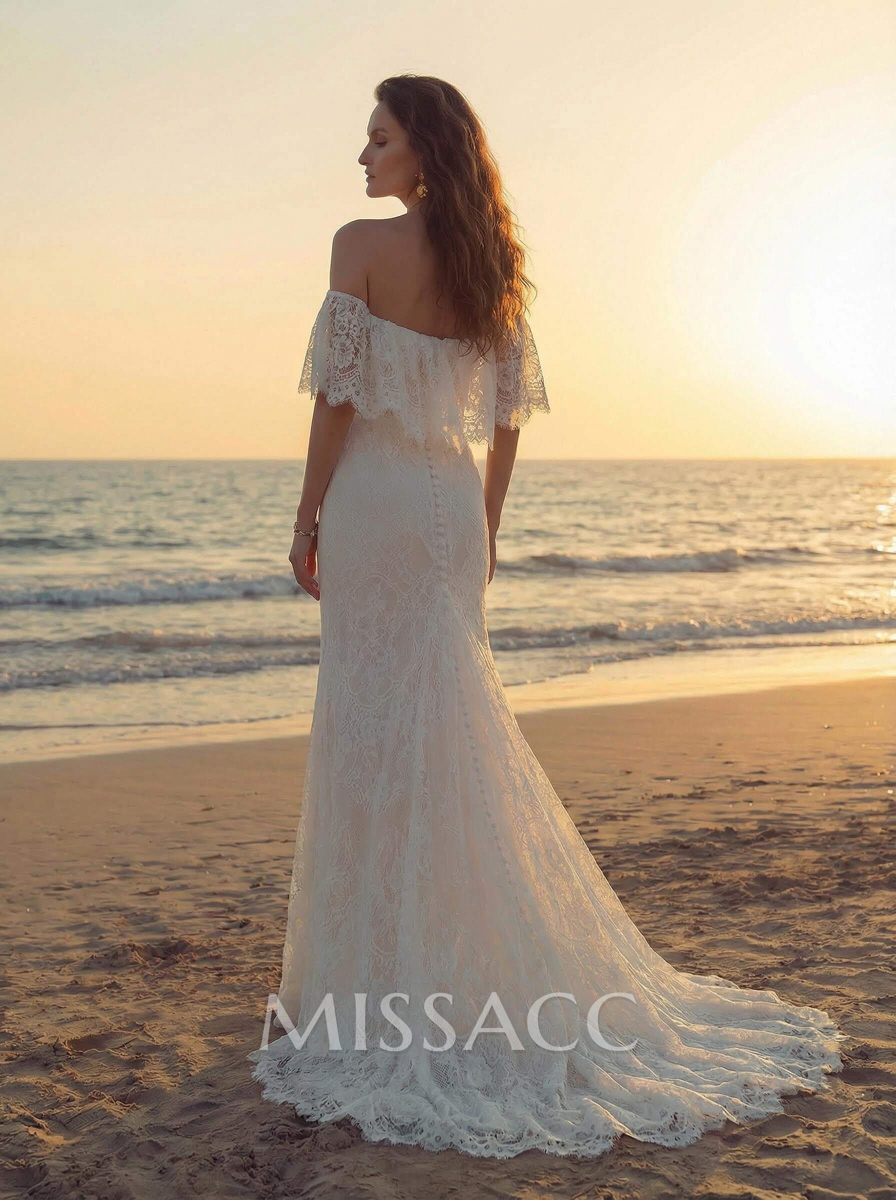 Western Boho Lace Wedding Dresses With Off-The-Shoulder Sweep Train Western Boho Lace Wedding Dresses With Off-The-Shoulder Sweep Train