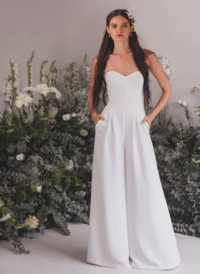 Ankle-Length Elastic Satin Wedding Jumpsuit Dresses Pockets