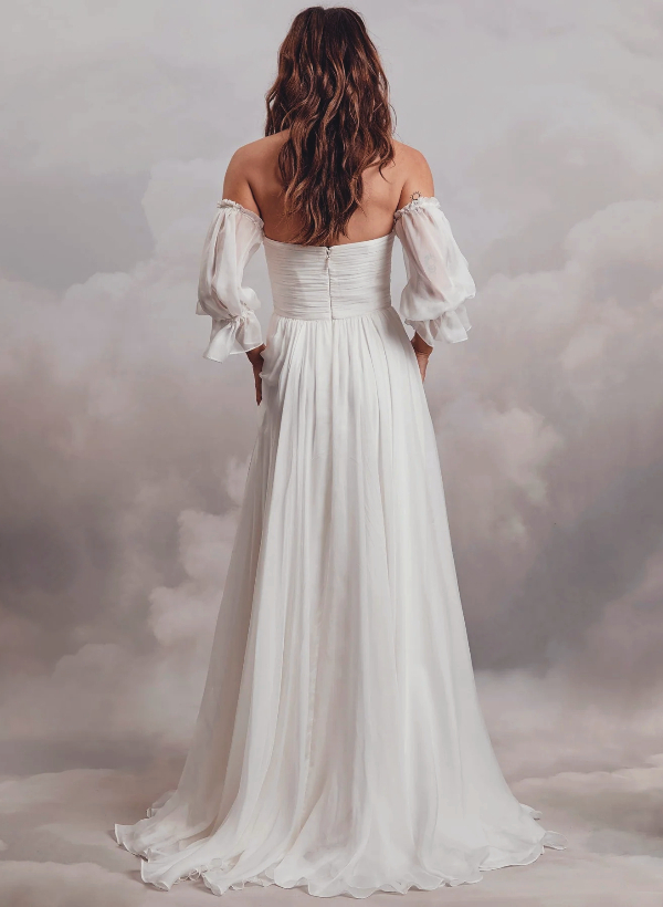 Off-the-Shoulder Long Sleeves Boho Wedding Dresses With Chiffon Sweep Train 