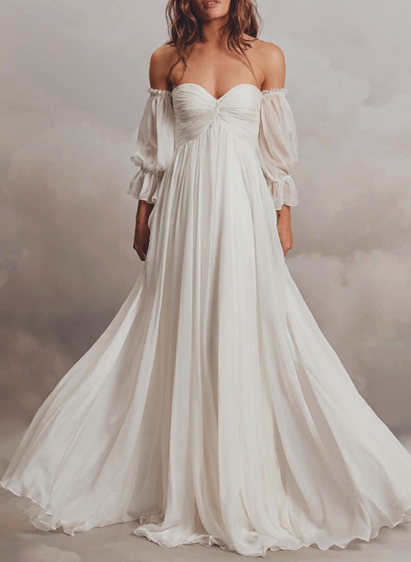 Off-The-Shoulder Long Sleeves Boho Wedding Dresses With Chiffon Sweep Train