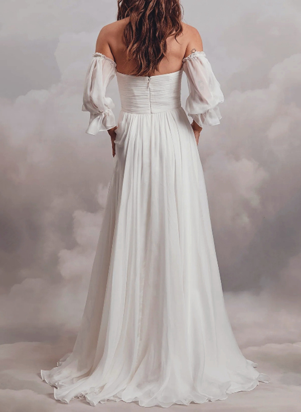 Off-The-Shoulder Long Sleeves Boho Wedding Dresses With Chiffon Sweep Train