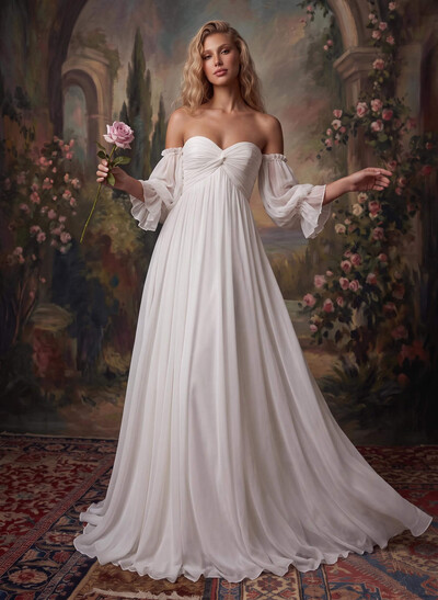 Off-The-Shoulder Long Sleeves Boho Wedding Dresses With Chiffon Sweep Train