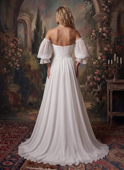 Off-The-Shoulder Long Sleeves Boho Wedding Dresses With Chiffon Sweep Train