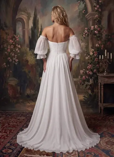 Off-The-Shoulder Long Sleeves Boho Wedding Dresses With Chiffon Sweep Train