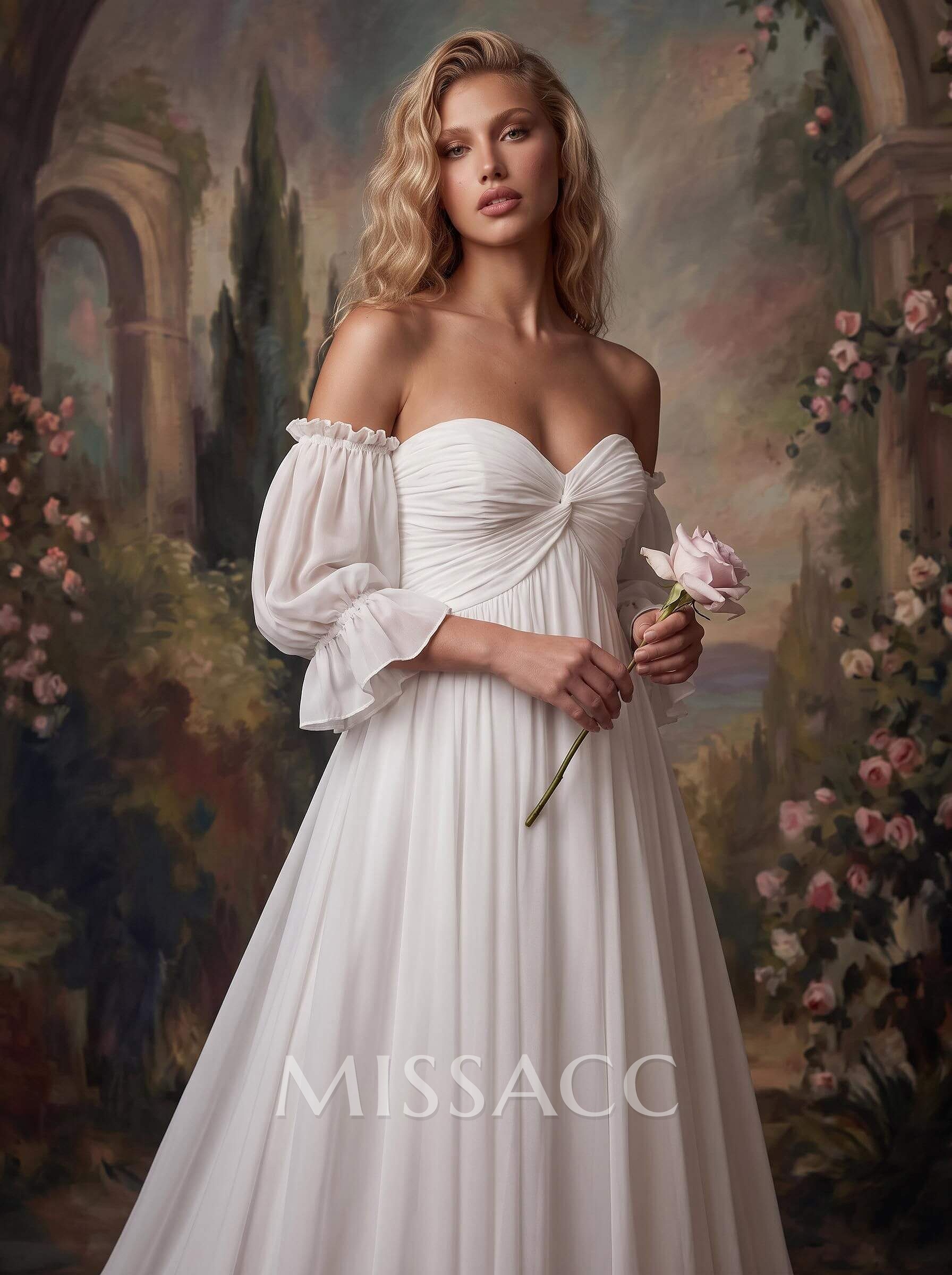 Off-The-Shoulder Long Sleeves Boho Wedding Dresses With Chiffon Sweep Train