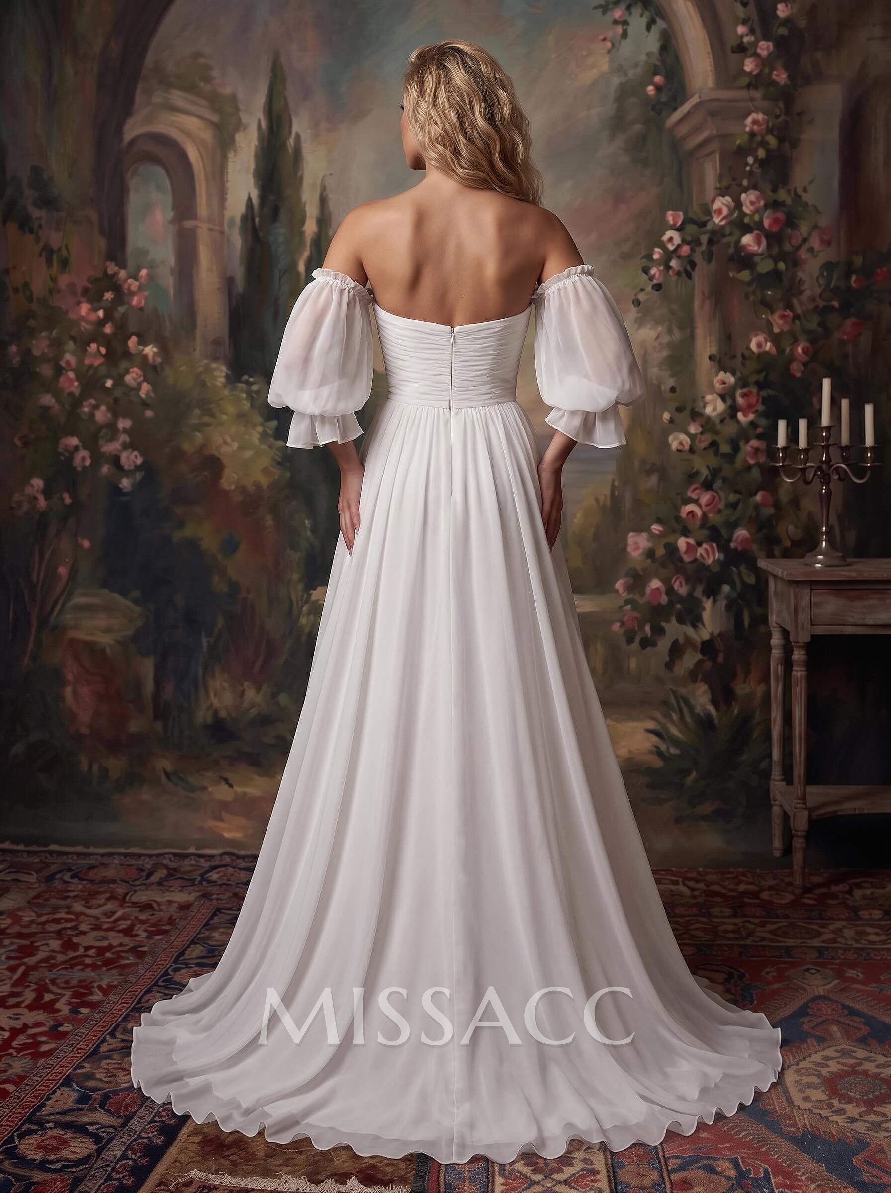 Off-The-Shoulder Long Sleeves Boho Wedding Dresses With Chiffon Sweep Train