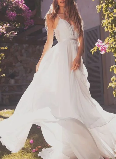 Boho Lace A-Line Wedding Dresses With V-Neck Chiffon Sweep Train