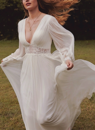 Long Sleeves Boho Lace Wedding Dresses With V-Neck