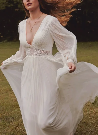 Long Sleeves Boho Lace Wedding Dresses With V-Neck