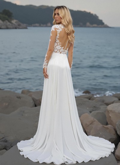 Long Sleeves Lace Boho Wedding Dresses With Chiffon Sweep Train