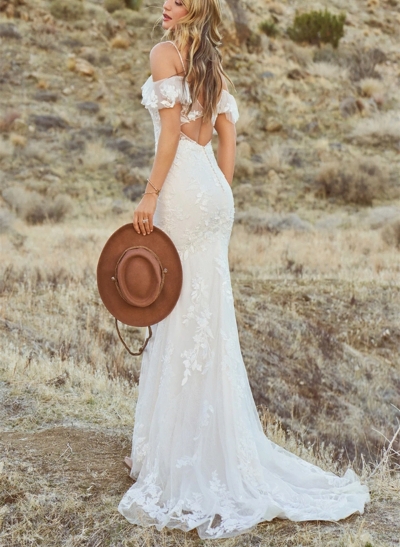 Off-the-Shoulder Lace Trumpet/Mermaid Wedding Dresses With Open Back Sweep Train