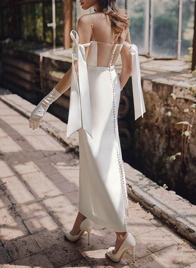 Simple Sheath/Column Off-The-Shoulder Ankle-Length Satin Wedding Dresses