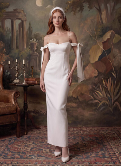 Simple Sheath/Column Off-The-Shoulder Ankle-Length Satin Wedding Dresses