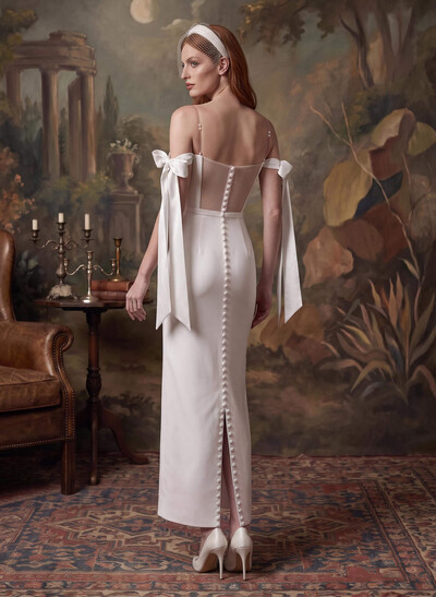 Simple Sheath/Column Off-The-Shoulder Ankle-Length Satin Wedding Dresses