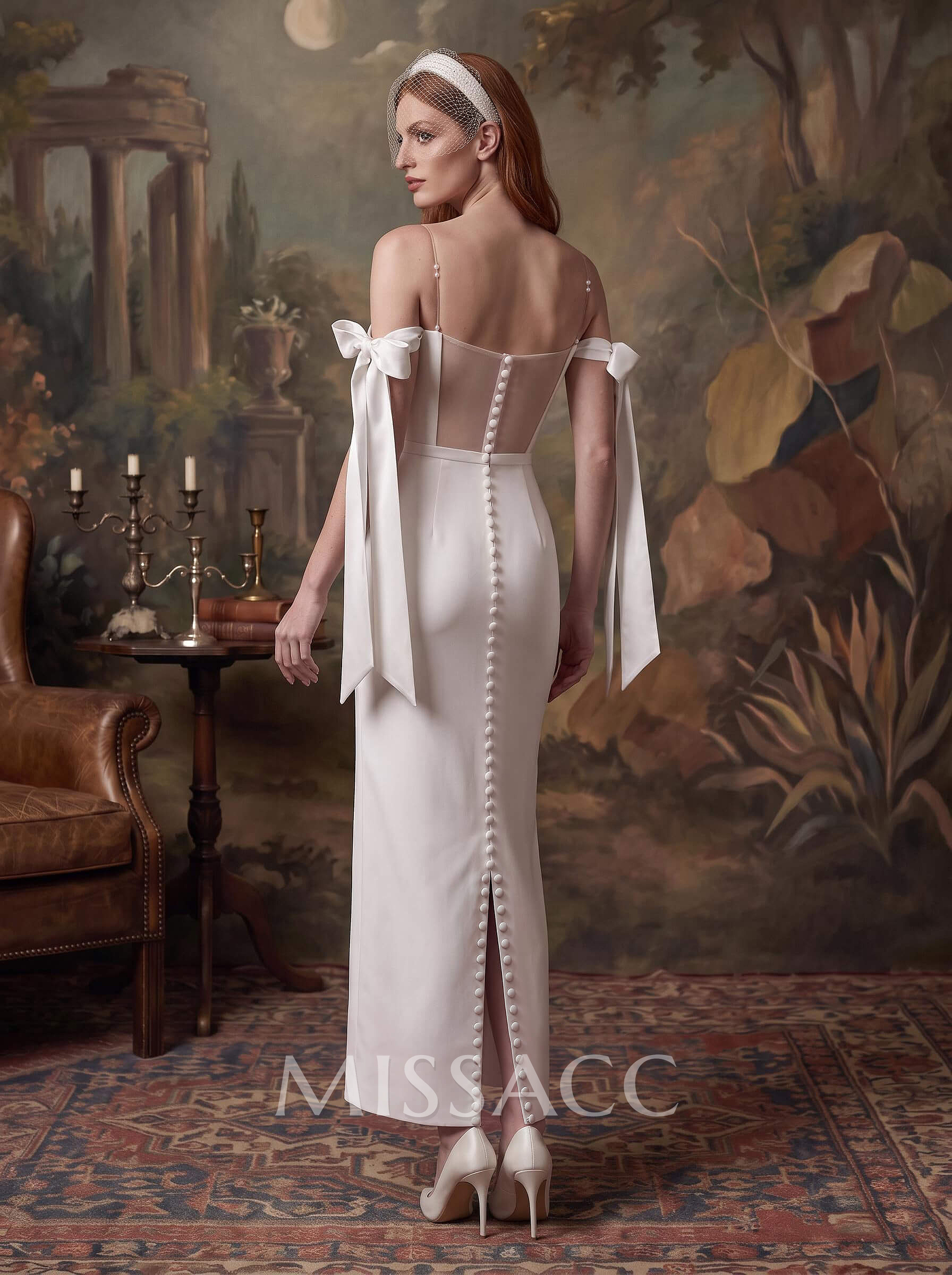 Simple Sheath/Column Off-The-Shoulder Ankle-Length Satin Wedding Dresses