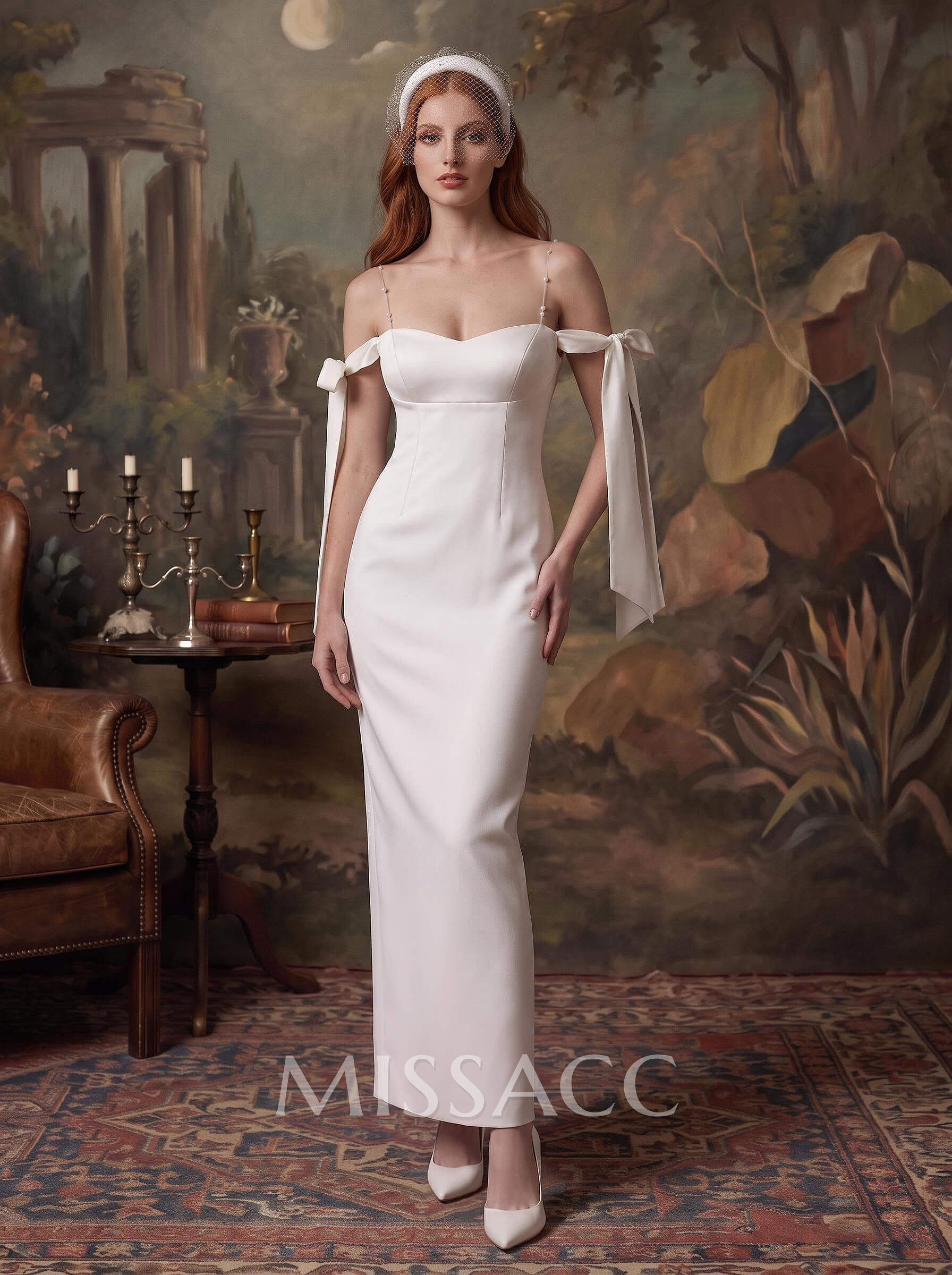 Simple Sheath/Column Off-The-Shoulder Ankle-Length Satin Wedding Dresses