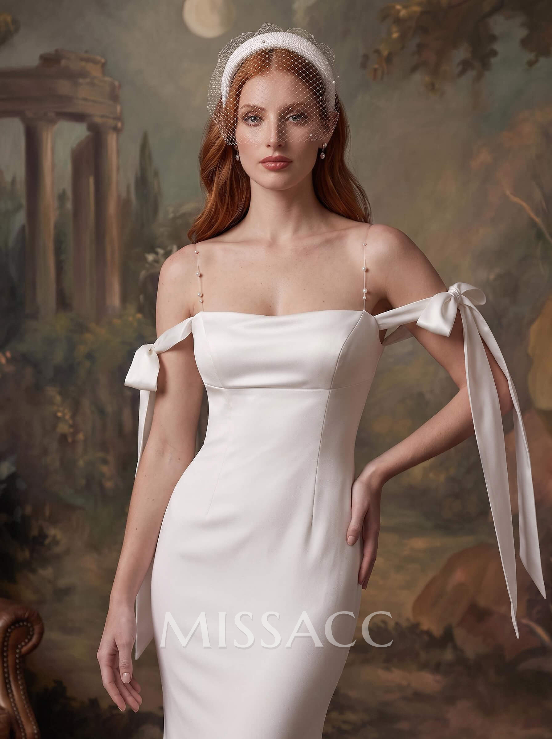 Simple Sheath/Column Off-The-Shoulder Ankle-Length Satin Wedding Dresses