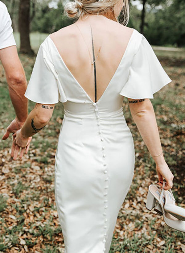 Simple Sheath/Column V-Neck Short sleeves Satin Wedding Dresses