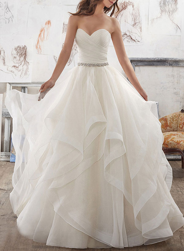 Vintage Inspired Ball-Gown Tulle Court Train Wedding Dresses With Strapless Cascading Ruffles