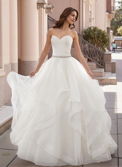 Vintage Inspired Ball-Gown Tulle Court Train Wedding Dresses With Strapless Cascading Ruffles