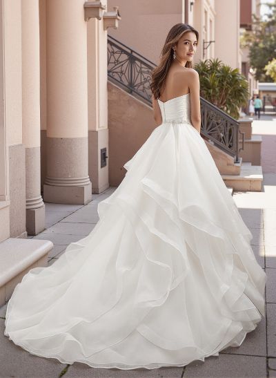 Vintage Inspired Ball-Gown Tulle Court Train Wedding Dresses With Strapless Cascading Ruffles