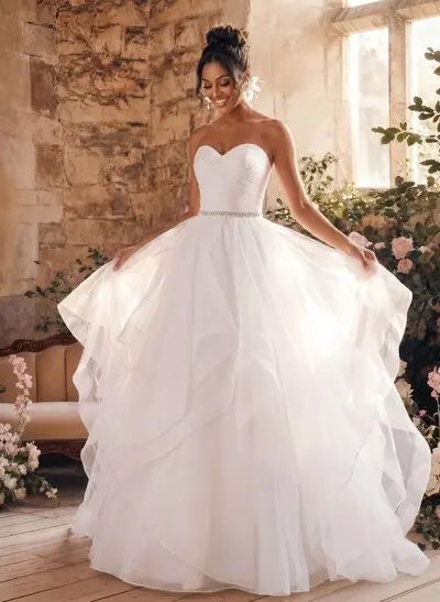 Vintage Inspired Ball-Gown Tulle Court Train Wedding Dresses With Strapless Cascading Ruffles