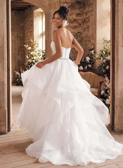 Vintage Inspired Ball-Gown Tulle Court Train Wedding Dresses With Strapless Cascading Ruffles