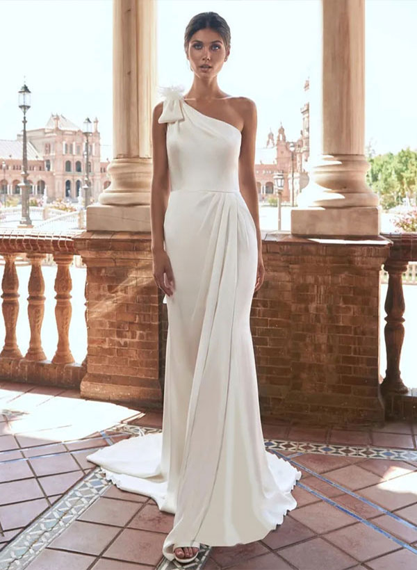 Simple Sheath One-Shoulder Satin Court Train Wedding Dresses With Bow(s)
