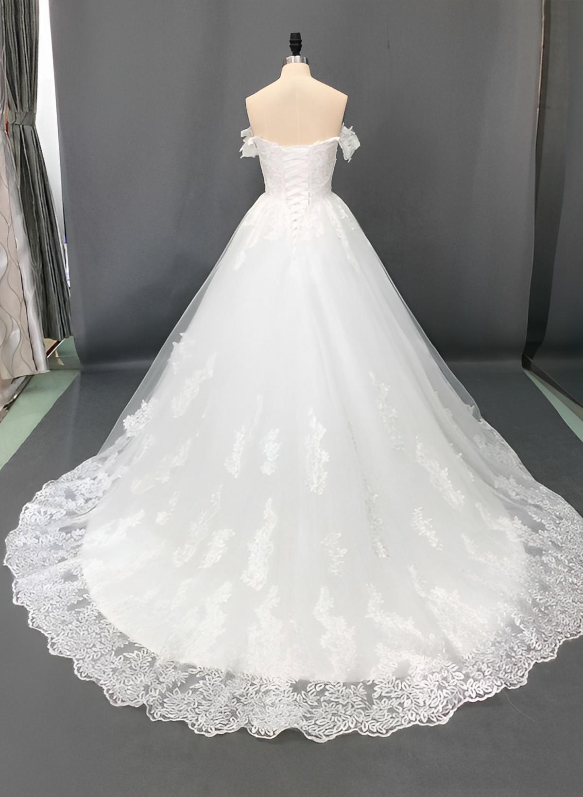 Vintage Ball-Gown Wedding Dresses With Off-The-Shoulder Short Sleeves Tulle Lace Court Train