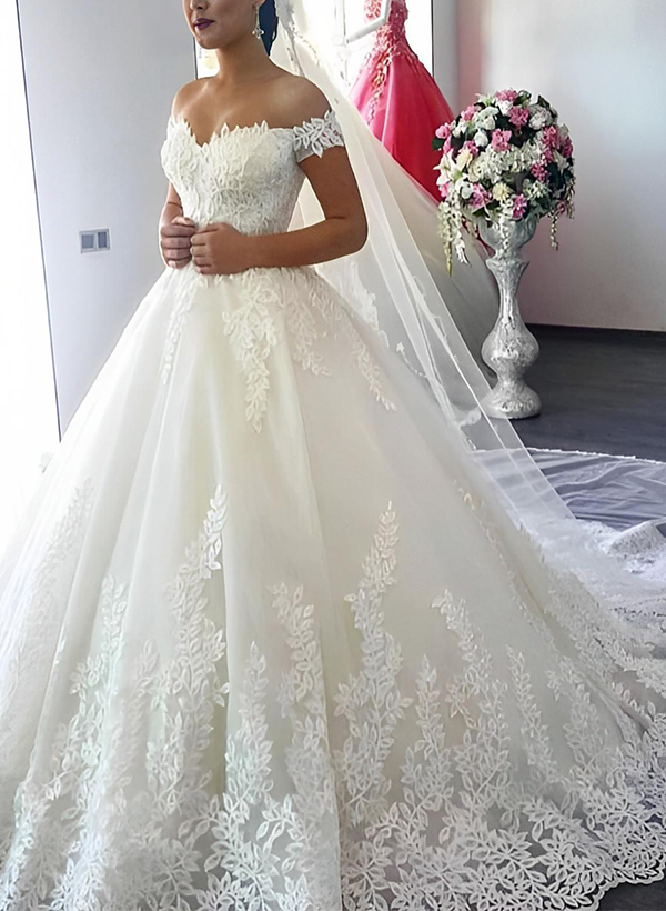 Vintage Ball-Gown Wedding Dresses With Off-The-Shoulder Short Sleeves Tulle Lace Court Train