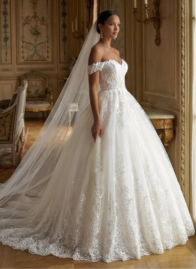 Vintage Ball-Gown Wedding Dresses With Off-The-Shoulder Short Sleeves Tulle Lace Court Train
