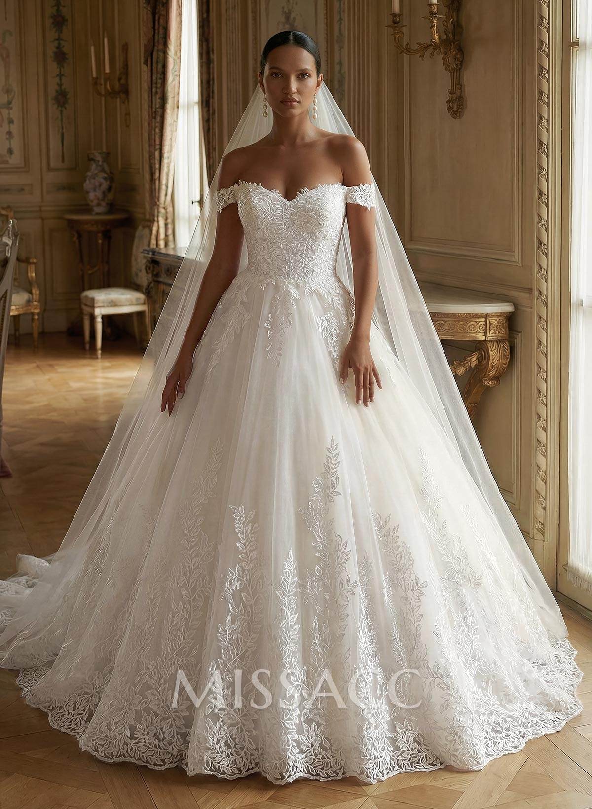 Vintage Ball-Gown Wedding Dresses With Off-The-Shoulder Short Sleeves Tulle Lace Court Train