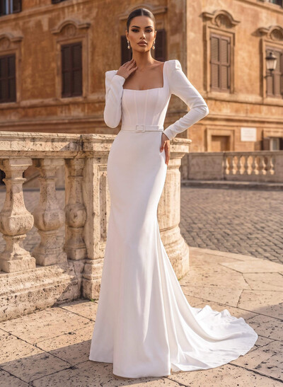 Long Sleeve Square Neckline Elastic Satin Wedding Dresses