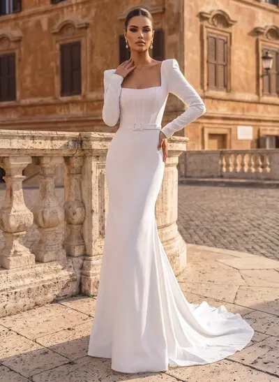 Long Sleeve Square Neckline Elastic Satin Wedding Dresses