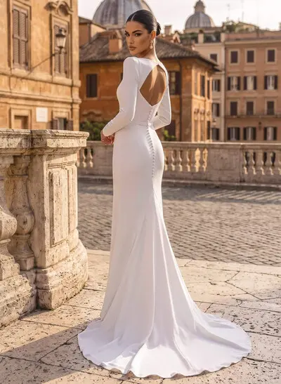 Long Sleeve Square Neckline Elastic Satin Wedding Dresses