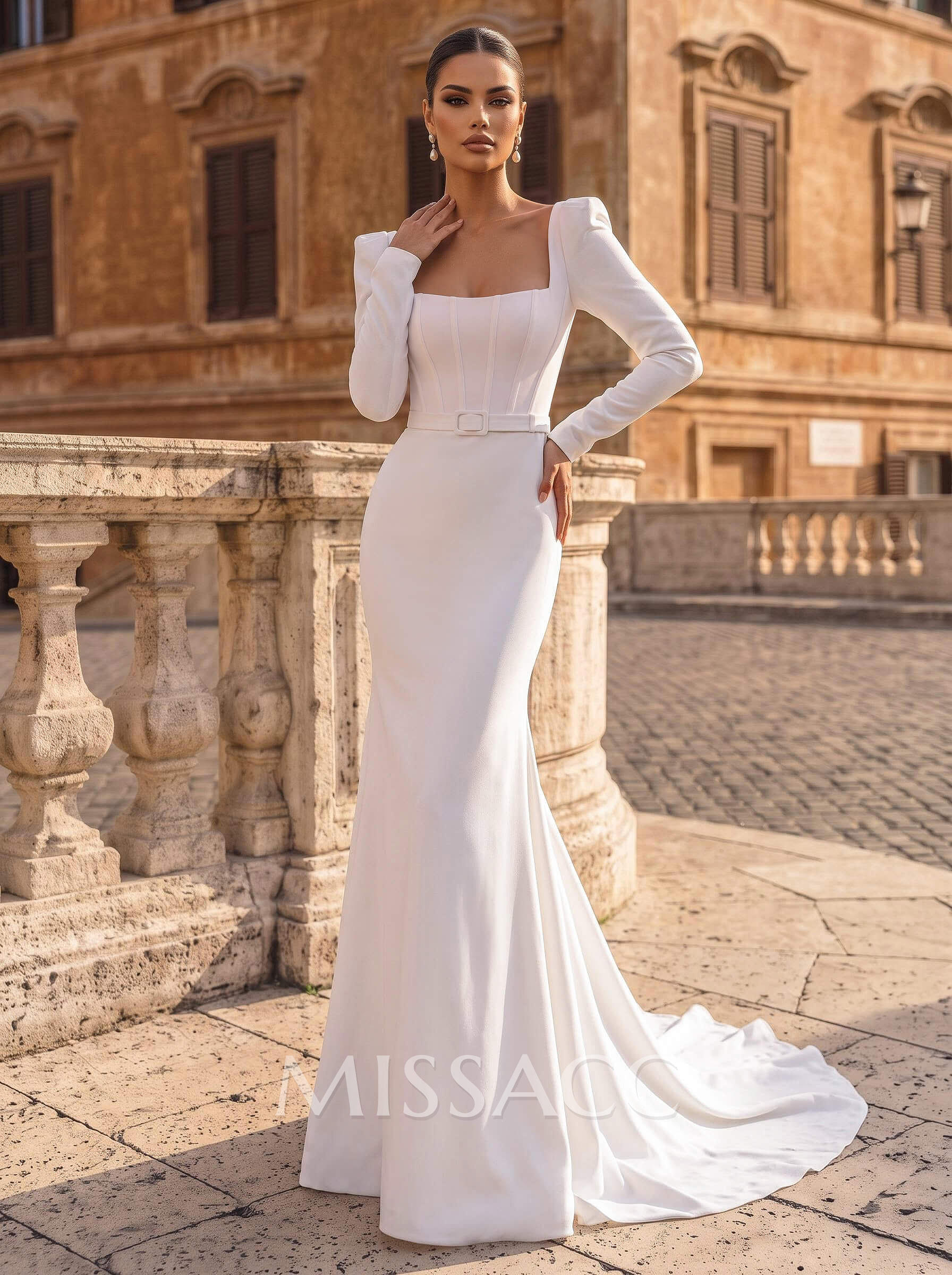 Long Sleeve Square Neckline Elastic Satin Wedding Dresses