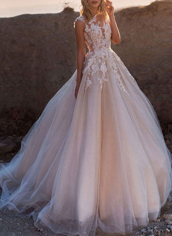 Ball-Gown Tulle Lace Pink Wedding Dresses With Train Appliques Lace